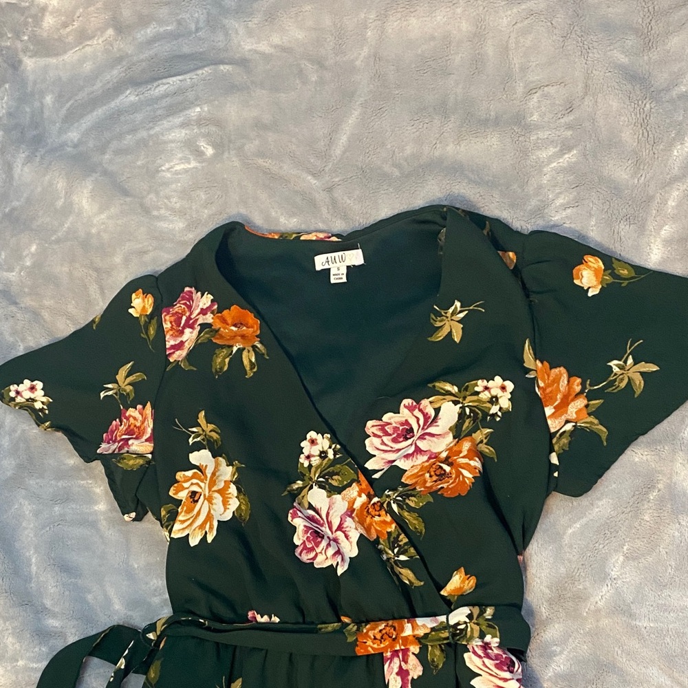 Floral Wrap Women’s Dress - Green and Orange - Picture 2 of 3